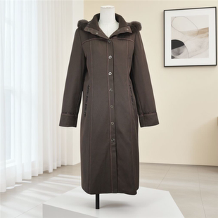 新款 高效暖绒服单排扣秋冬保暖大衣43796 深棕色连帽毛领中长款