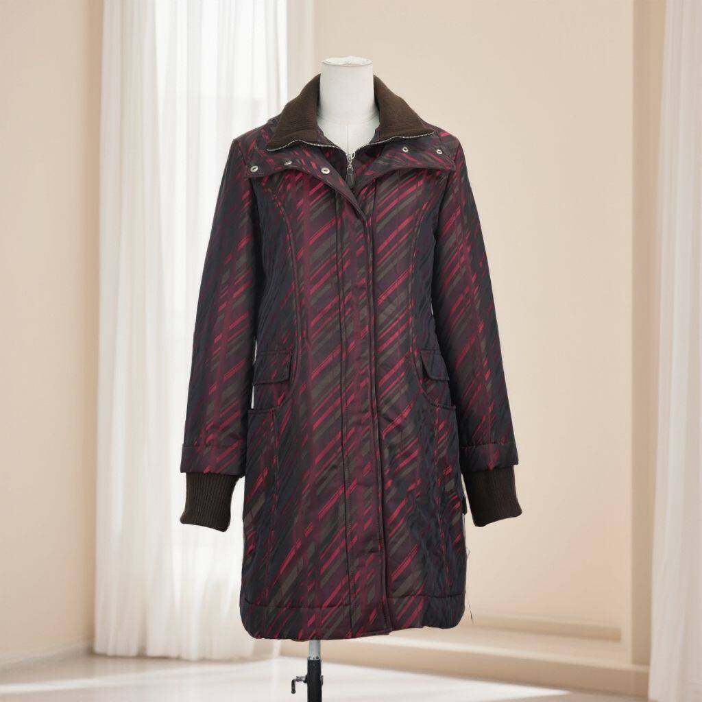 秋冬新款女复古花色设计翻领假两件中长款棉衣外套修身保暖43642