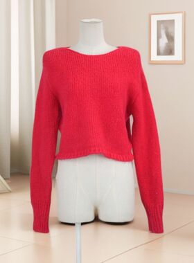 春秋爆款女韩版纯色圆领长袖短款套头针织毛衣修身遮肉显瘦41439