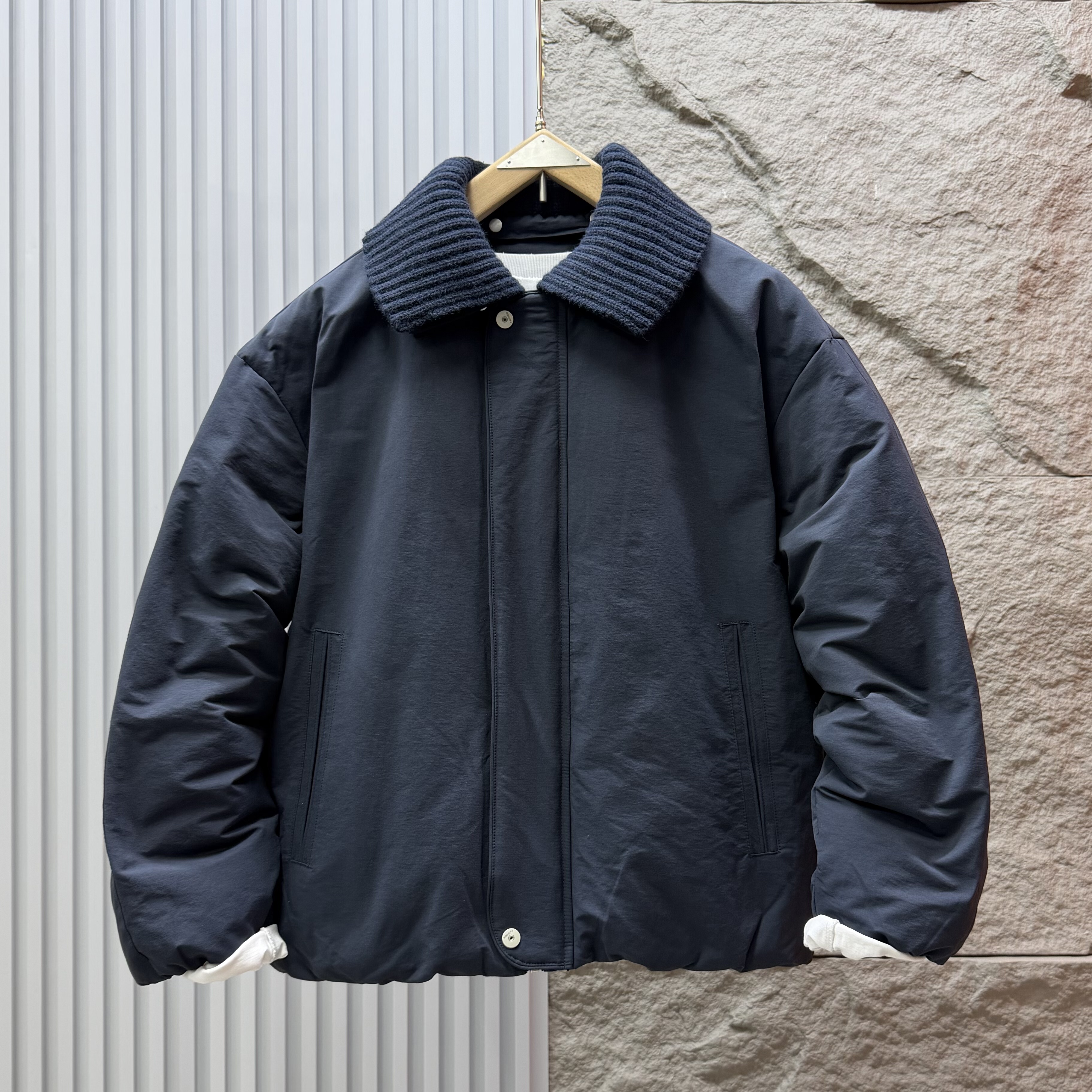 可拆卸针织领拼接保暖羽绒服外套