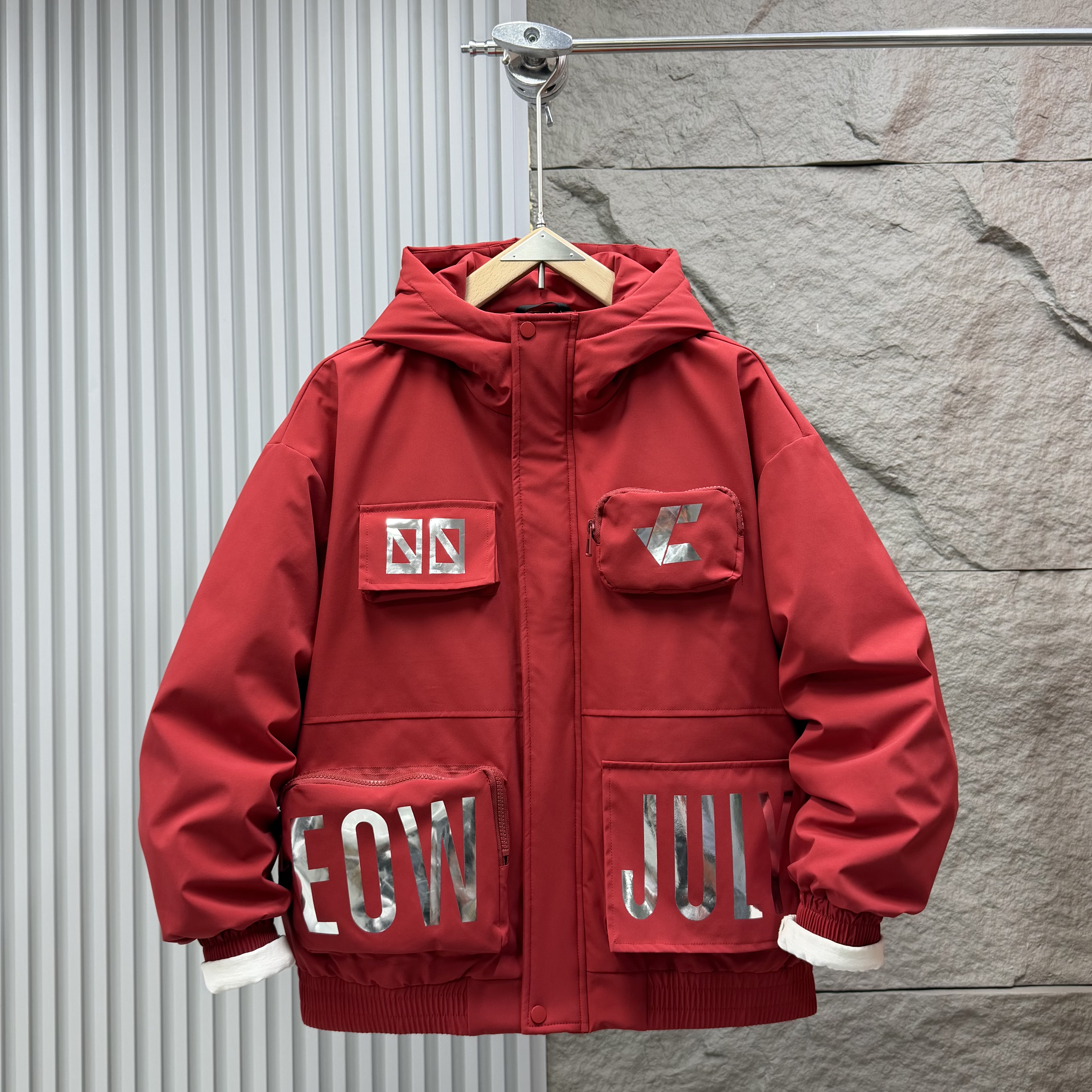 冬季男士连帽潮牌亮片工装羽绒服