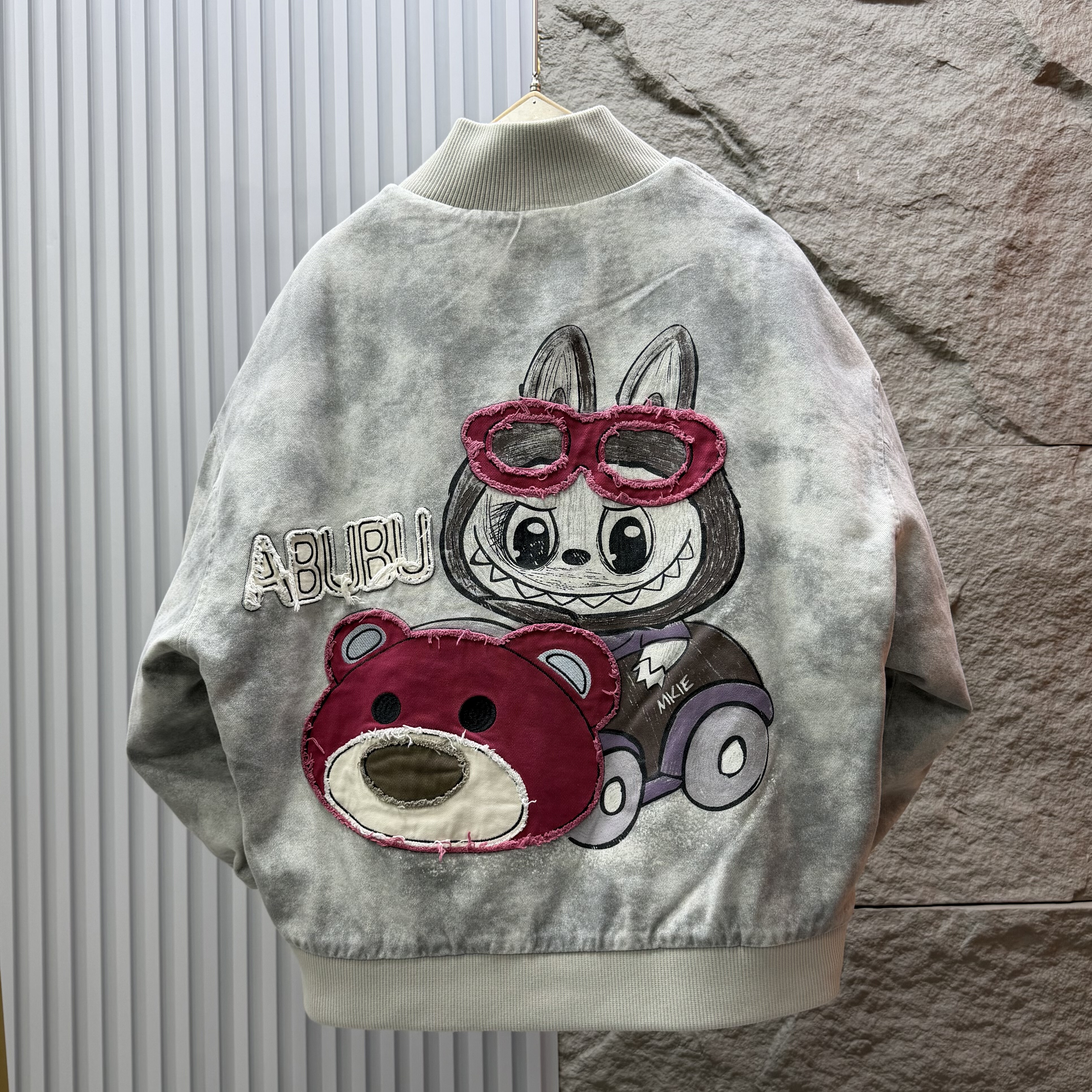 冬季水洗牛仔潮牌卡通男女款宽松立领棒球服加绒棉衣加厚保暖外套