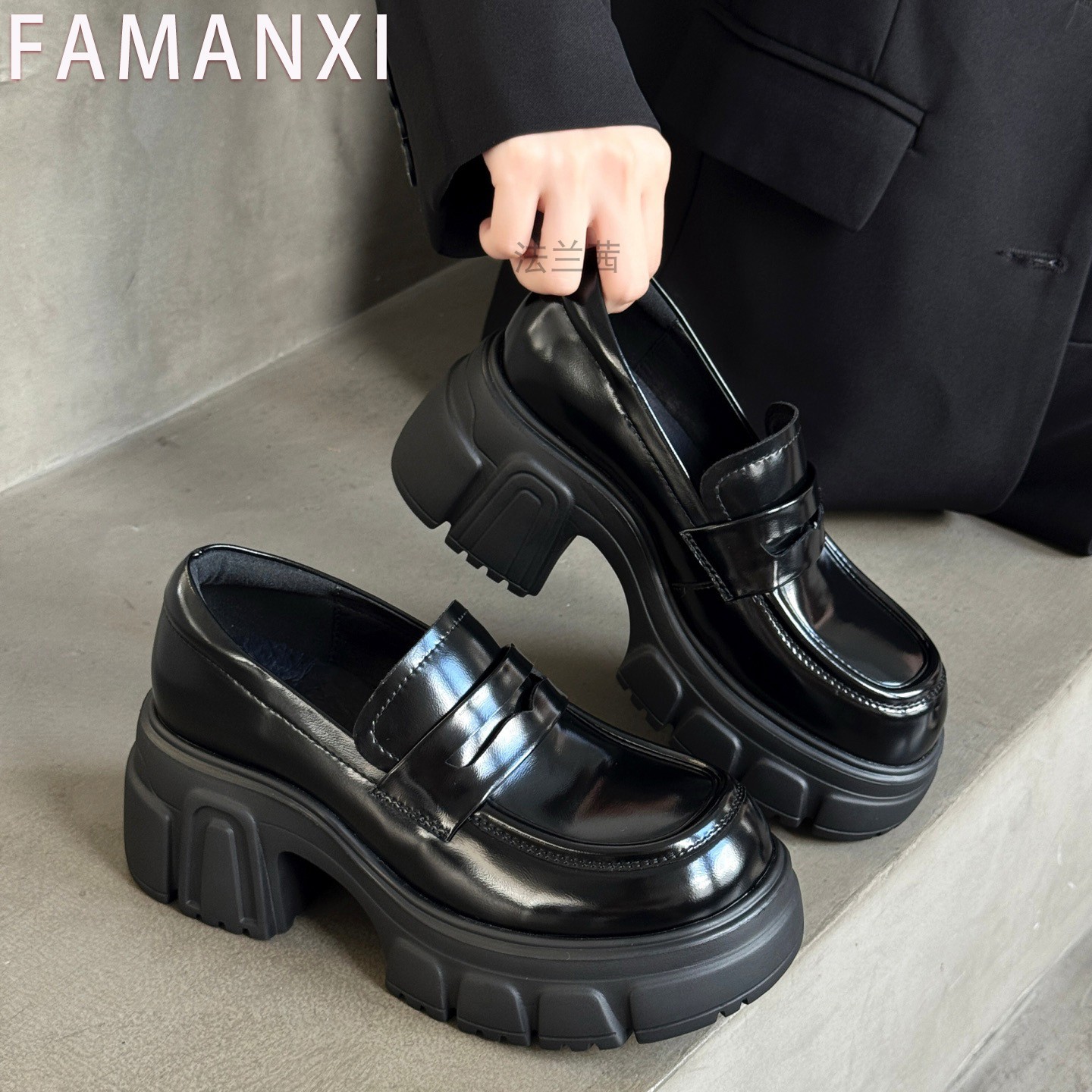 法蘭茜女鞋2025冬季新款牛漆皮厚底乐福鞋英伦风百搭加绒舒适棉鞋