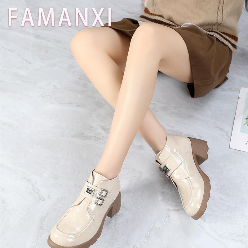 法兰茜2024冬季牛皮圆头马丁靴