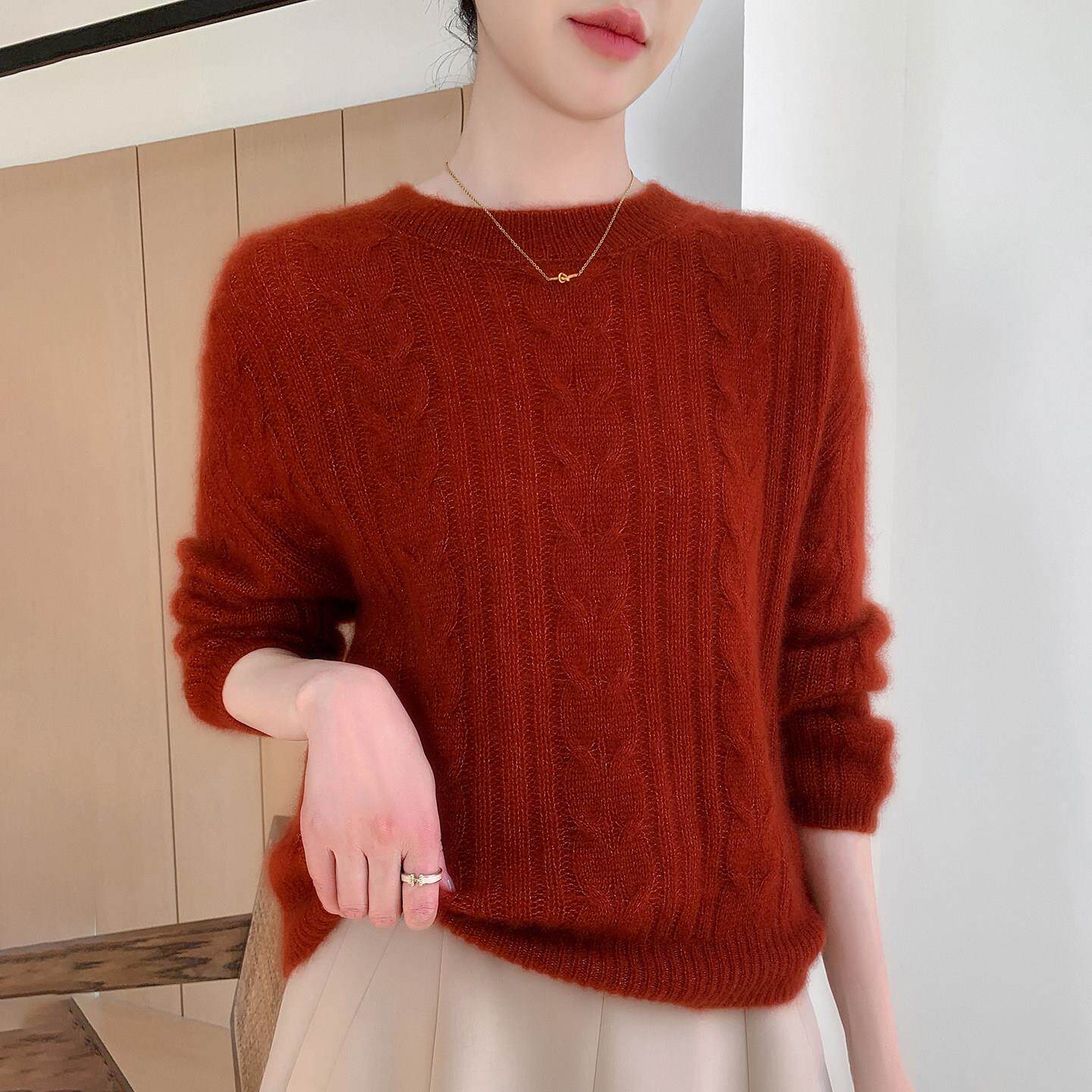 2025新款秋冬桑蚕丝羊绒衫女圆领针织衫宽松加厚毛衣打底衫百搭
