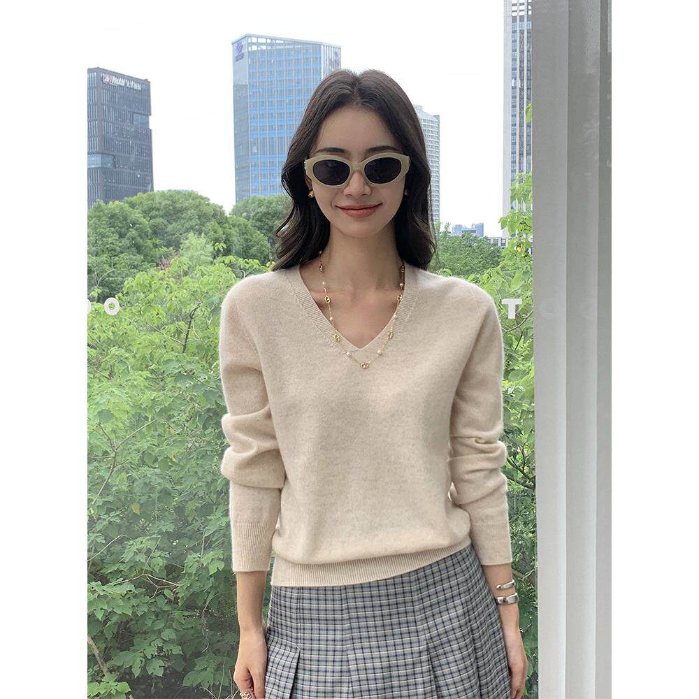 秋冬新款无缝V领羊绒衫女士秋冬新款宽松慵懒毛衣针织羊毛打底衫
