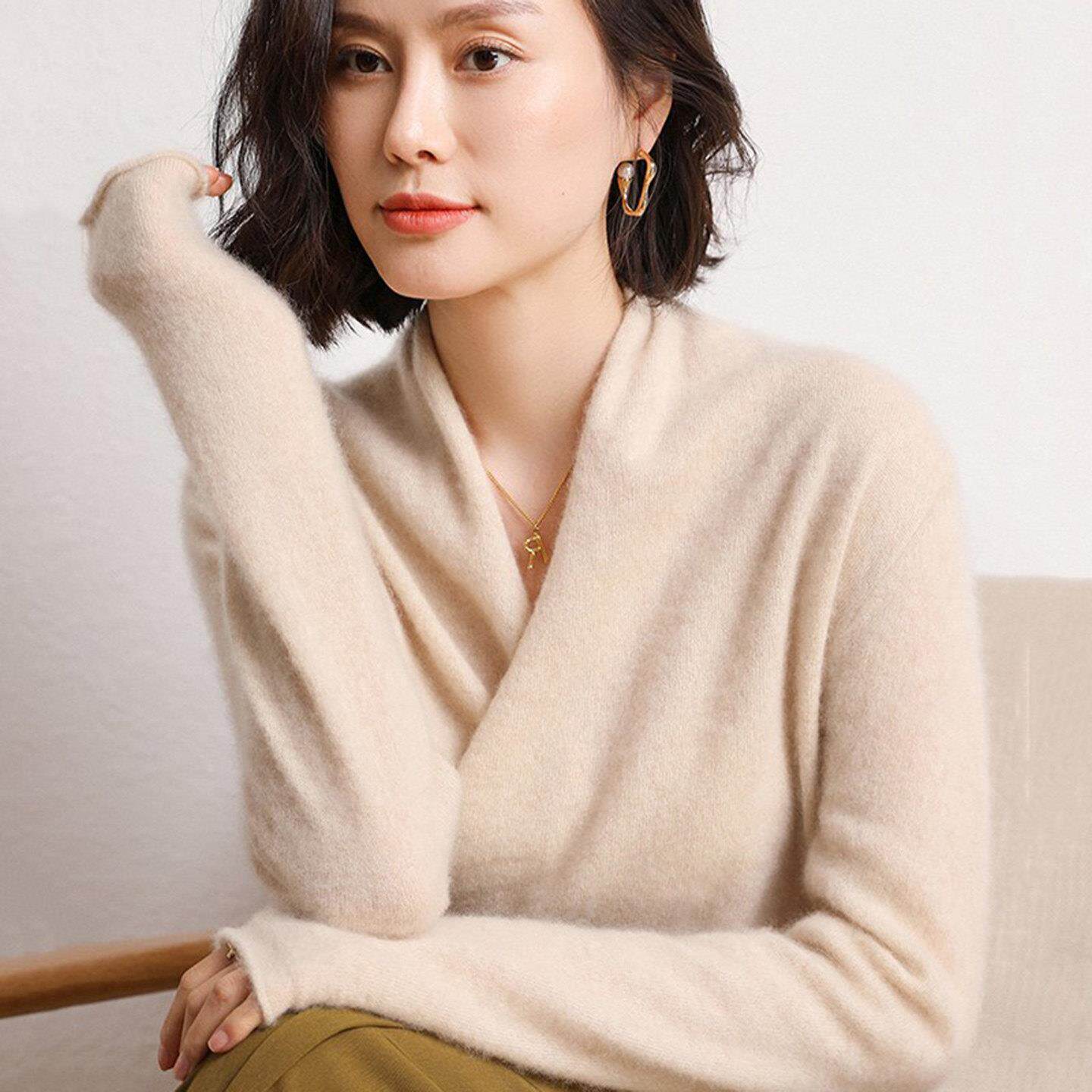设计感~交叉v领羊绒衫女山羊绒毛衣针织上衣秋冬季纯色羊毛打底衫