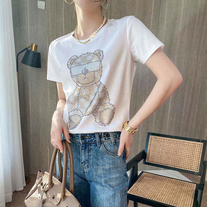 丝光纯棉T恤女士短袖夏季新款圆领半袖全棉正肩烫钻高端打底上衣