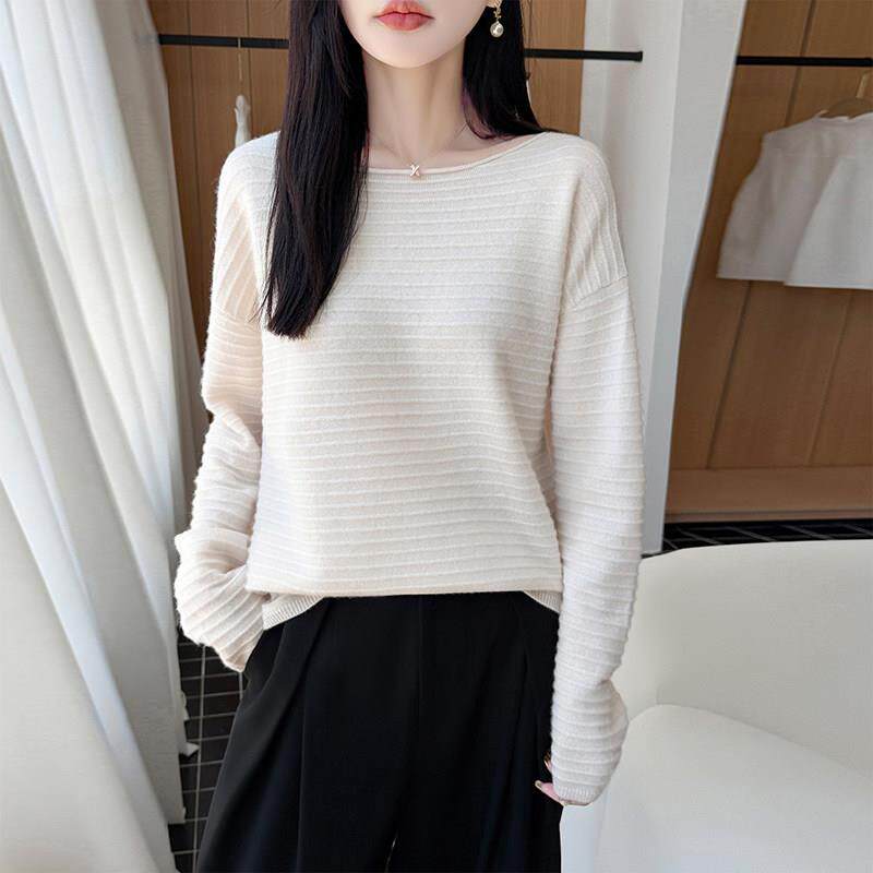 100纯羊毛衫女立体条纹针织衫一字领长袖套头打底衫休闲百搭