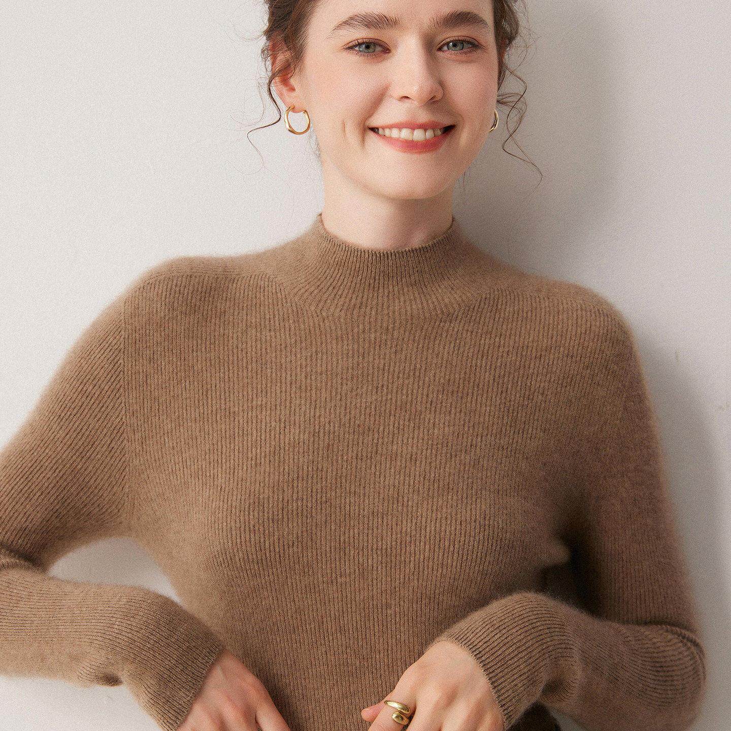 简约风100纯山羊绒衫女半高领修身通勤针织打底衫软糯长袖毛衣
