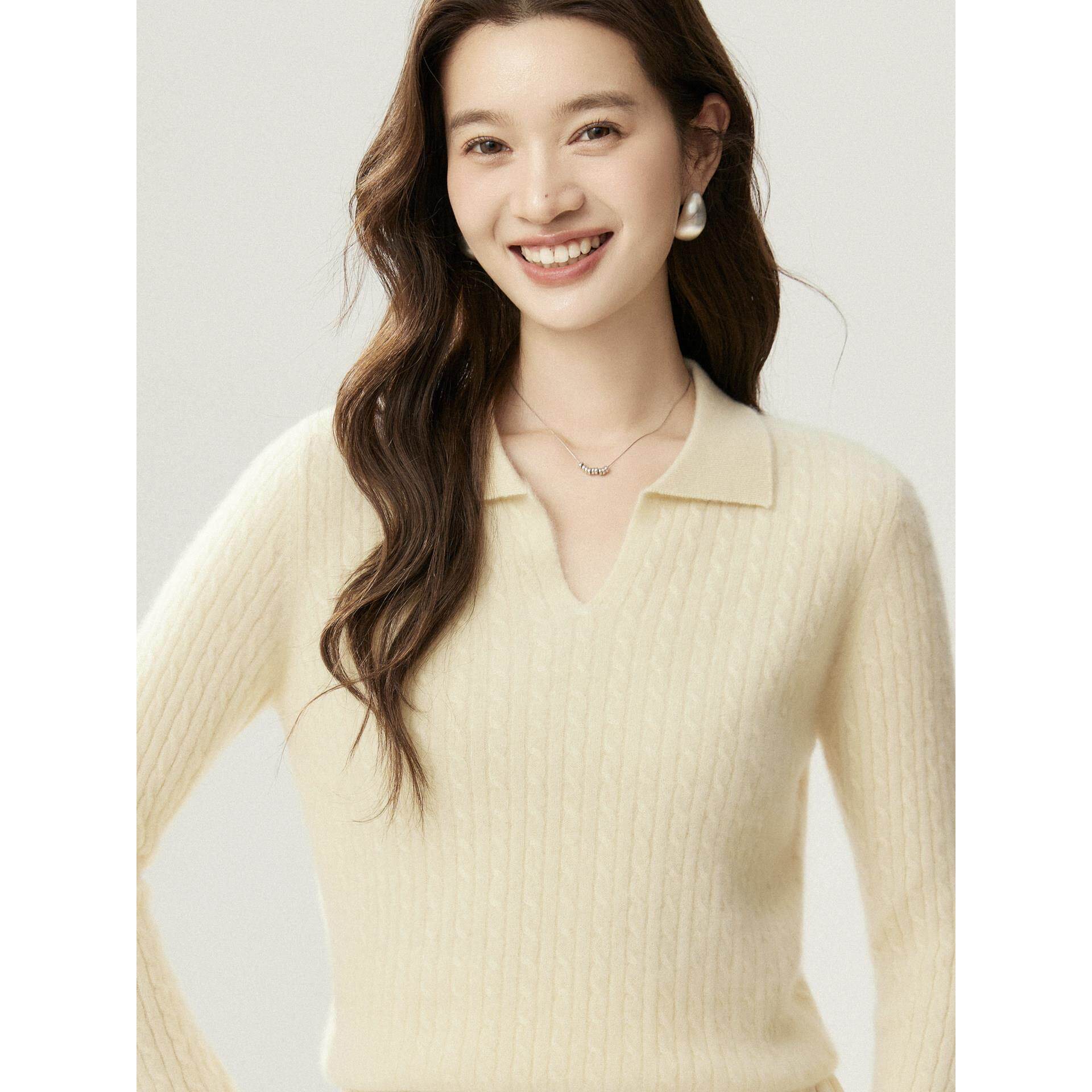 秋冬新款轻奢POLO领100%纯山羊绒衫女长袖毛衣麻花纯色针织打底衫