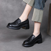 限时99 头层牛皮粗跟真皮乐福鞋 女百搭新款 春秋套脚皮鞋 高跟鞋