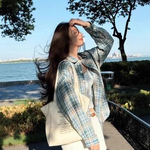 复古格子衬衫外套女春秋季2026新款薄款衬衣女款亚麻棉麻长袖上衣