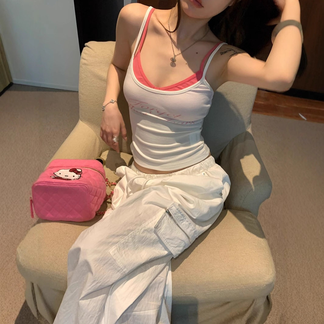 美式复古辣妹带胸垫吊带背心女夏季假两件套内搭外穿纯欲短款