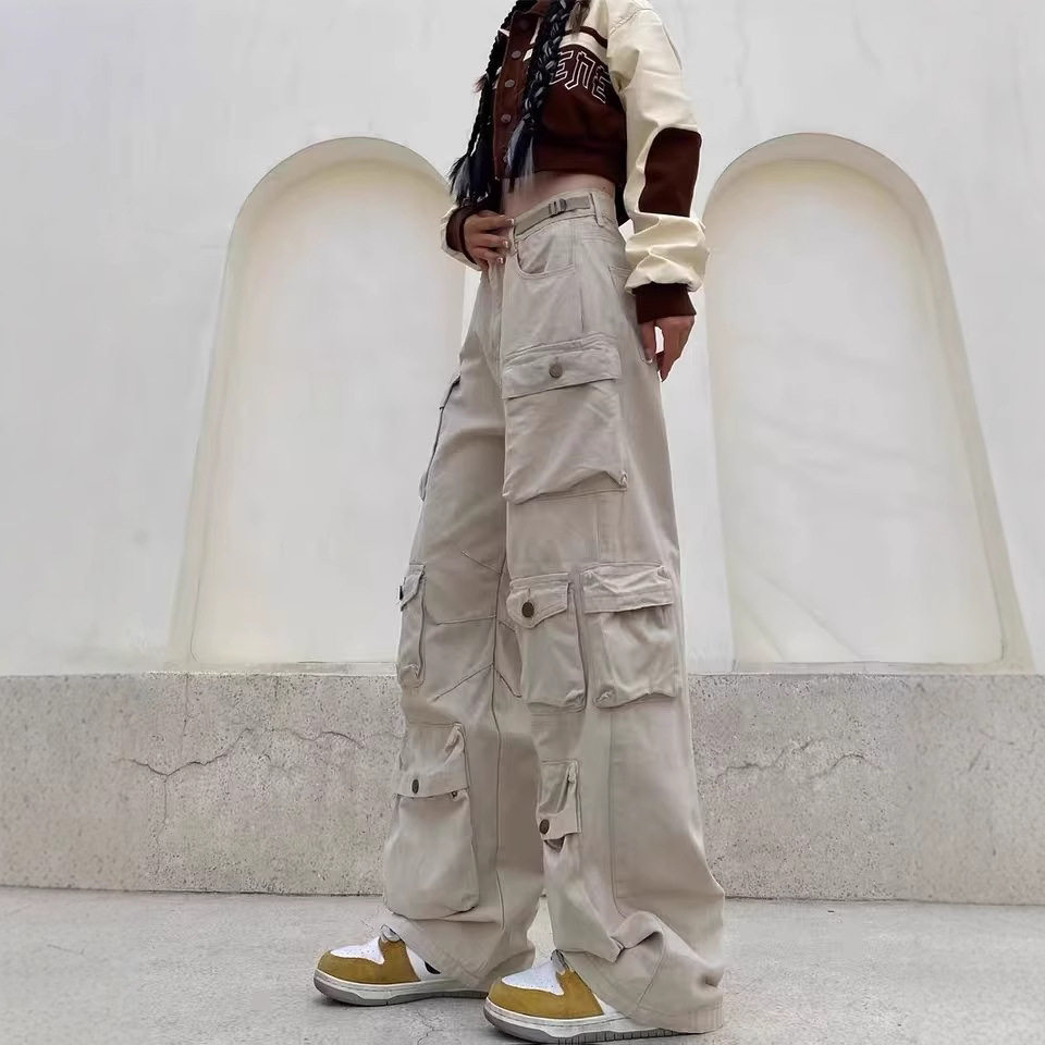 高个子美式街头阔腿工装裤女高街直筒显瘦设计感多口袋休闲裤子潮