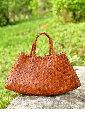 2024新款sasa同款编织包头层牛皮纯手工菜篮子包真皮女包手提包