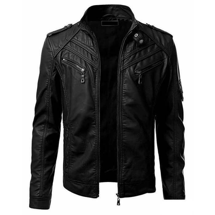 Men PU Leather Jacket Winter Vintage Black Zipper Male Moto图片
