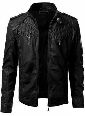Men PU Leather Jacket Winter Vintage Black Zipper Male Moto