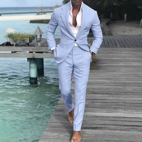 2026跨境新款男士浅粉蓝西装套装休闲商务伴郎婚礼两件套修身