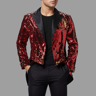 亚马逊男式双色翻片燕尾服宴会夜店表演亮片时尚设计外套