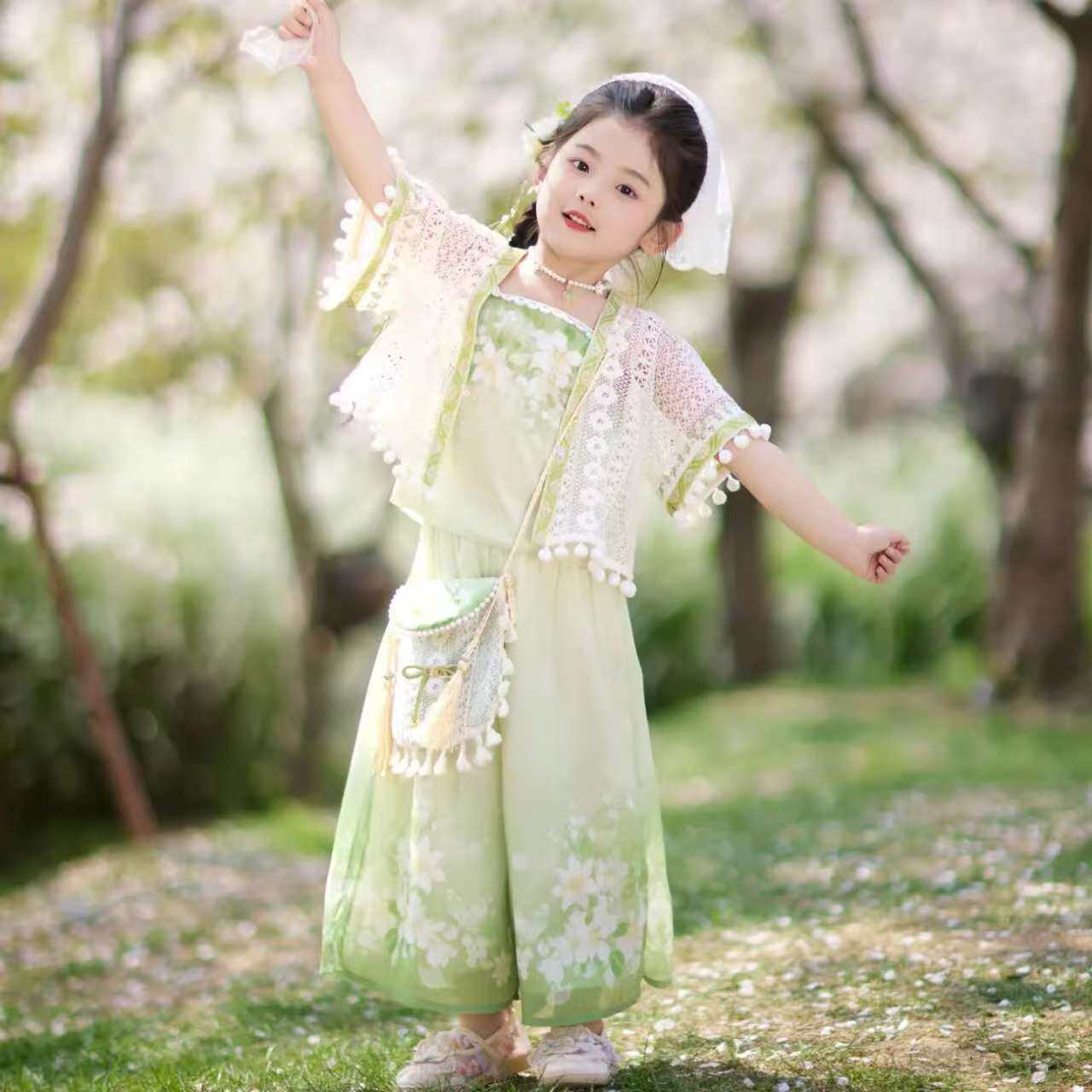 汉服女童夏季短袖2025新款儿童古装新中式古风唐装女孩三件套裤裙
