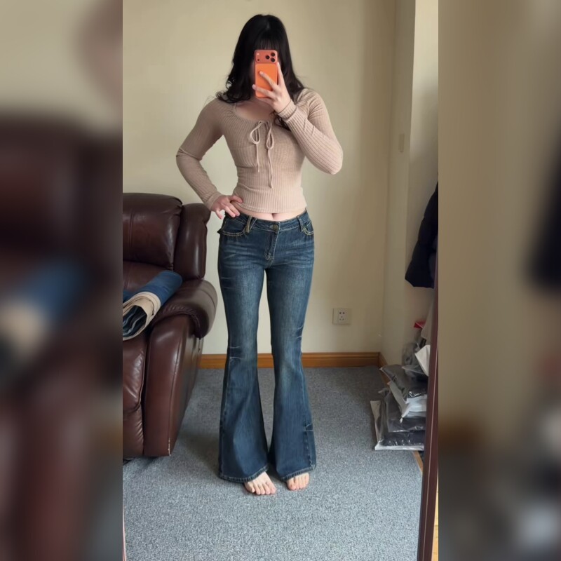 复古高腰微喇牛仔裤女修身显瘦直筒长裤蓝色百搭梨形身材天菜