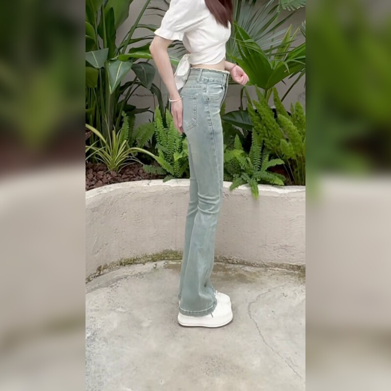 高腰微喇牛仔裤女修身显瘦百搭小个子蓝色长裤