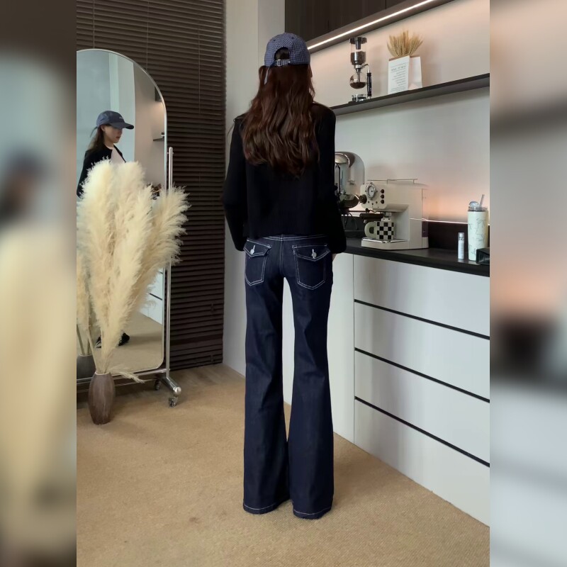 深蓝色美式低腰微喇牛仔裤女2026春季新款弹力阔腿喇叭长裤