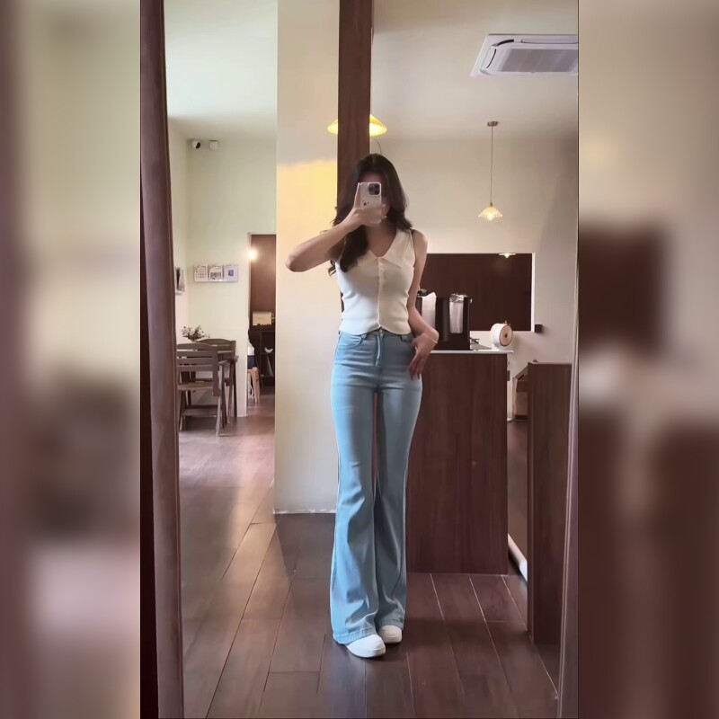 辣妹高腰微喇牛仔裤女修身显瘦小个子浅蓝色喇叭裤