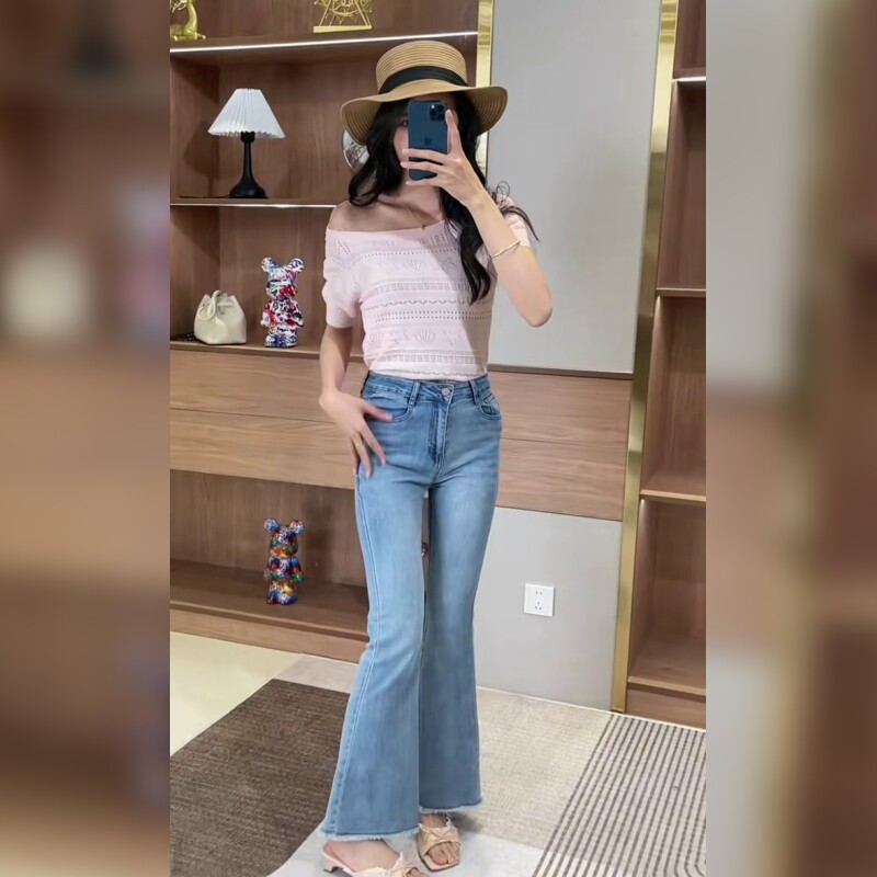 高腰微喇牛仔裤女小个子修身显瘦蓝色百搭喇叭裤