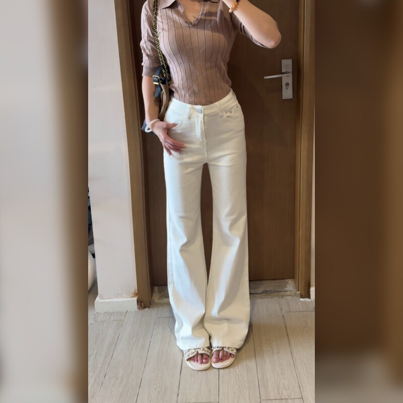 白色低腰微喇牛仔裤女显瘦百搭小个子马蹄拖地裤