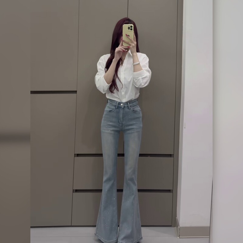 复古高腰显瘦弹力微喇牛仔裤女春季修身长裤百搭小个子显高
