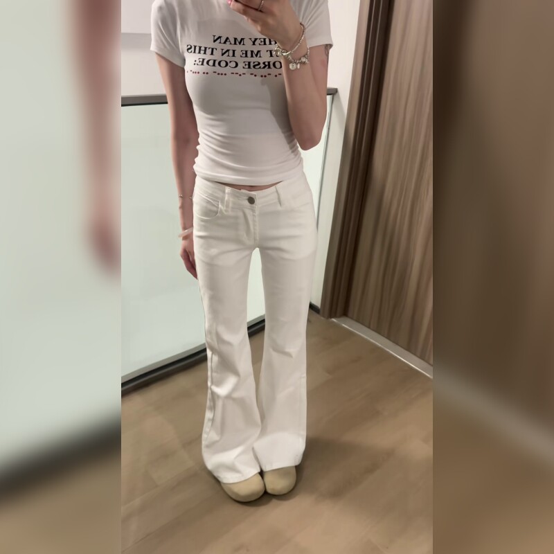 白色低腰微喇牛仔裤女2026夏季新款宽松拖地马蹄裤