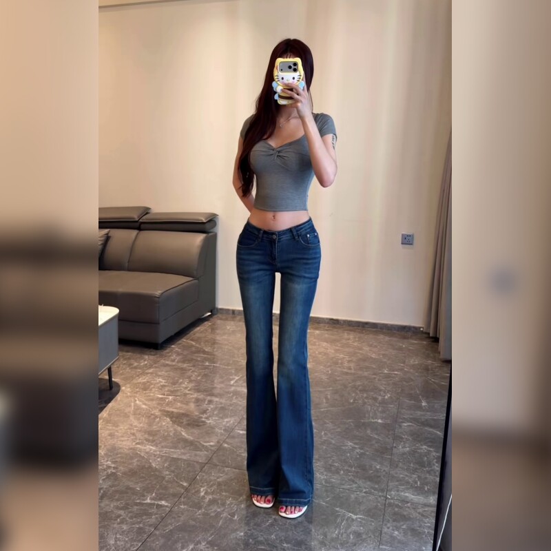 复古深蓝色高腰提臀微喇牛仔裤女小个子显瘦喇叭裤