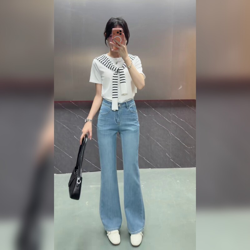 高腰微喇牛仔裤女蓝色显瘦小个子宽松喇叭裤薄款
