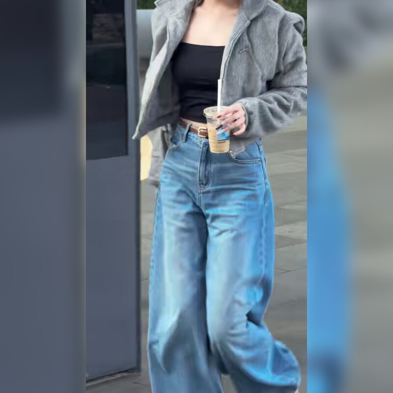 自然风格阔腿牛仔裤常规版型时尚百搭舒适日常出街牛仔裤