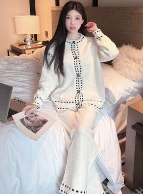 秋冬海岛绒保暖气质贵妇小香风家居套装可外穿软绵绵半边绒睡衣女