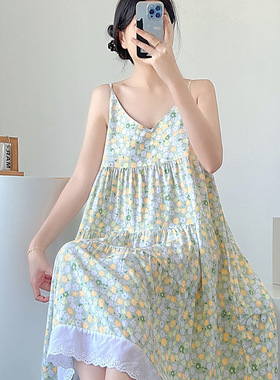 睡衣女2025新款夏季薄款可爱碎花无袖可外穿夏天女士吊带睡裙棉绸