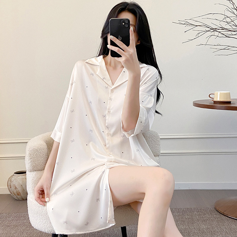 慵懒风衬衫女睡裙薄新款冰丝网红小众心机睡衣春秋夏中长款空调服