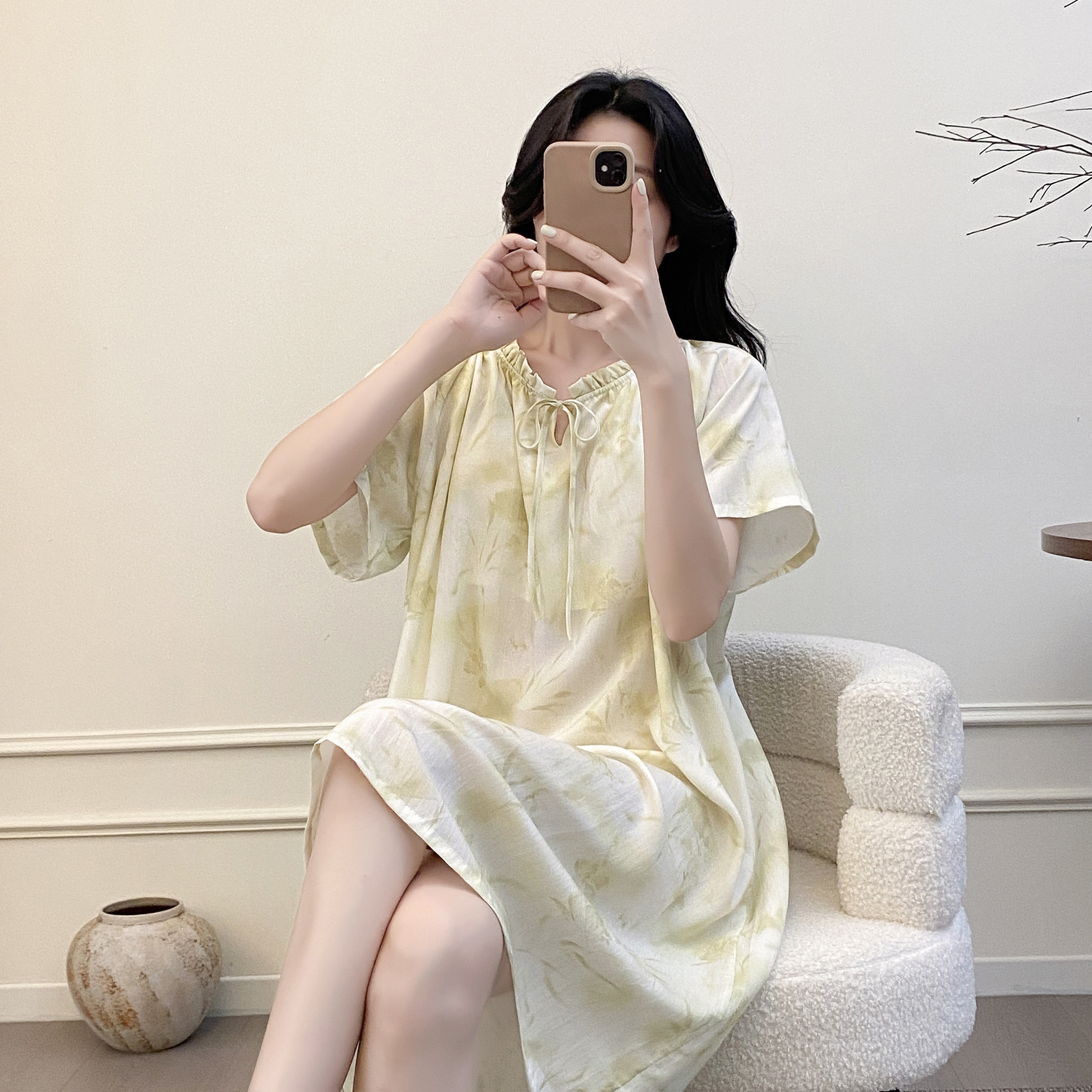 夏季莱赛尔睡裙宽松中长款碎花家居服圆领甜美舒适女士睡衣连衣裙