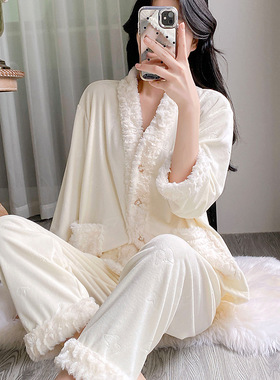 2025年新款海岛绒睡衣女小香风简约秋冬长袖长裤加厚舒适家居服