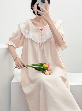 蕾丝娃娃领短袖睡裙女夏季条纹云朵棉花边一字领中长睡衣女家居服