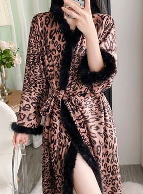 女士性感秋冬睡袍豹纹海岛绒长毛休闲舒适长袖可外穿宽松跨境睡衣