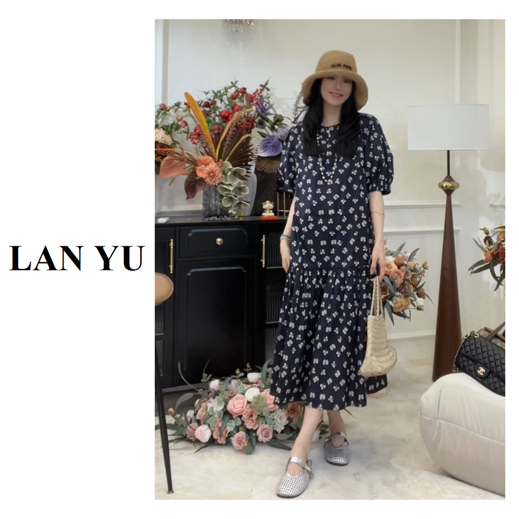 小个子/常规【幸运草】新款长裙100%棉圆领宽松减龄碎花连衣裙