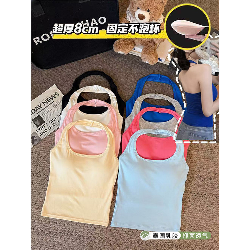 玫瑰氧气 辣妹性感挂脖修身吊带美背心加厚胸垫小胸固定一体背心