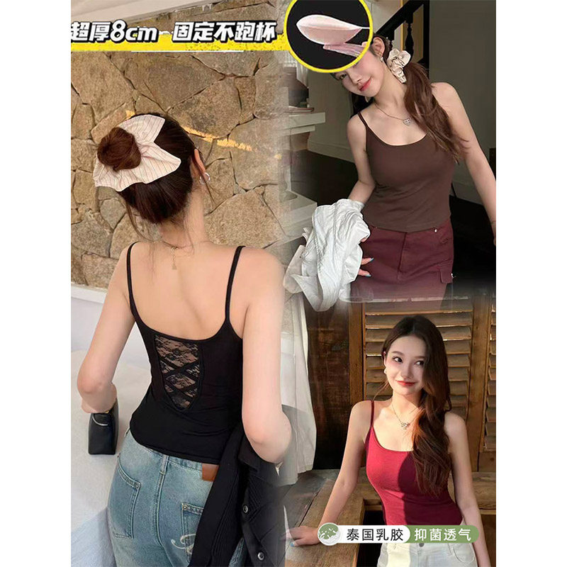 丝滑可可 性感黑色蕾丝辣妹修身吊带u型美背心固定加厚胸垫女内搭