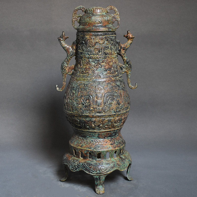 仿古青铜器双龙瓶龙纹瓶铜器复古装修装饰品影视道具古典艺术品