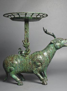 青铜器仿古做旧铭文鹿举灯台家居装饰蜡台摆件古玩收藏影视工艺品