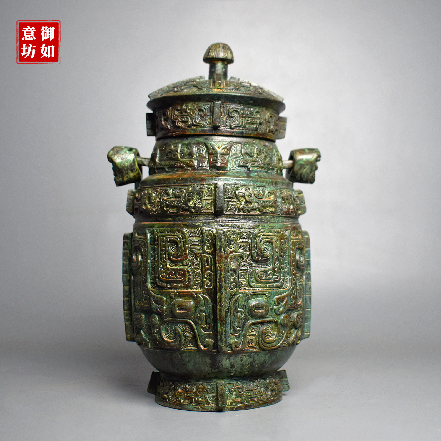 青铜器兽面大号提梁卣仿古盛酒器酒樽摆件古玩收藏工艺品影视道具