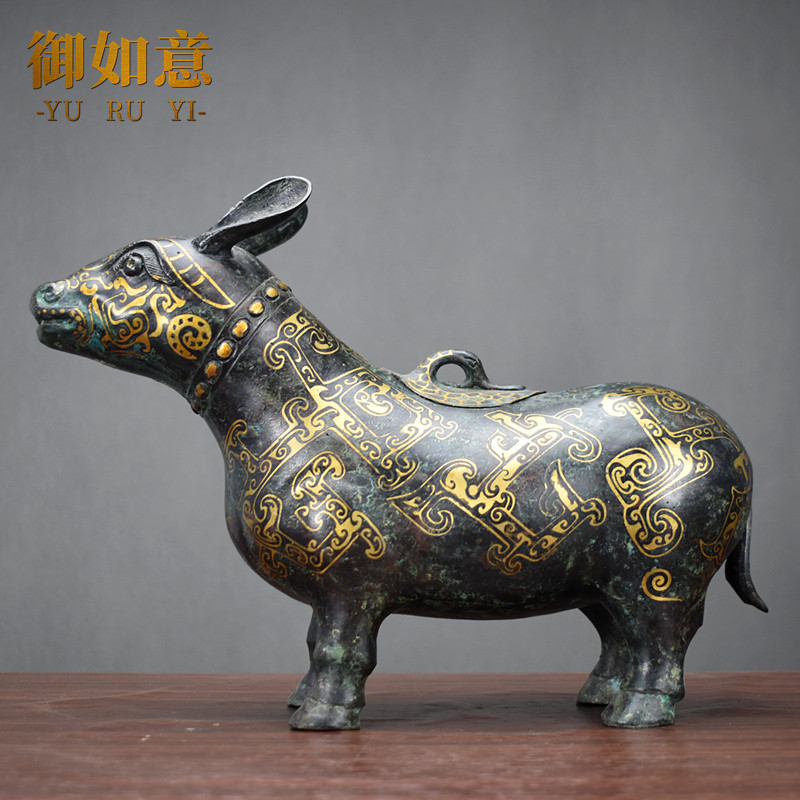 仿古青铜器牺尊错金做旧摆件工艺品古代盛酒器酒柜桌面装饰礼品